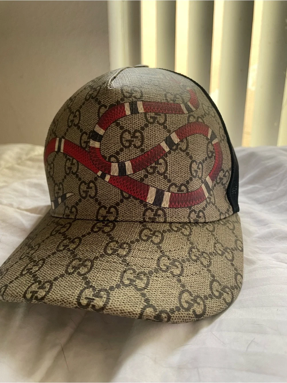 Gucci Brown GG Supreme Baseball Cap with Red Snake Motif